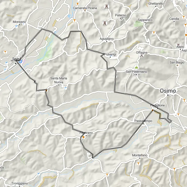 Map miniature of "Road Cycling Route: Jesi to Ponte Musone" cycling inspiration in Marche, Italy. Generated by Tarmacs.app cycling route planner