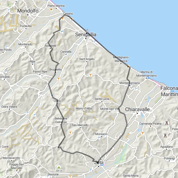 Map miniature of "Senigallia to Jesi Loop" cycling inspiration in Marche, Italy. Generated by Tarmacs.app cycling route planner