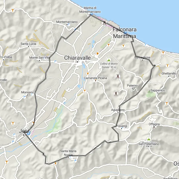 Miniatura della mappa di ispirazione al ciclismo "Road verso Falconara Marittima" nella regione di Marche, Italy. Generata da Tarmacs.app, pianificatore di rotte ciclistiche