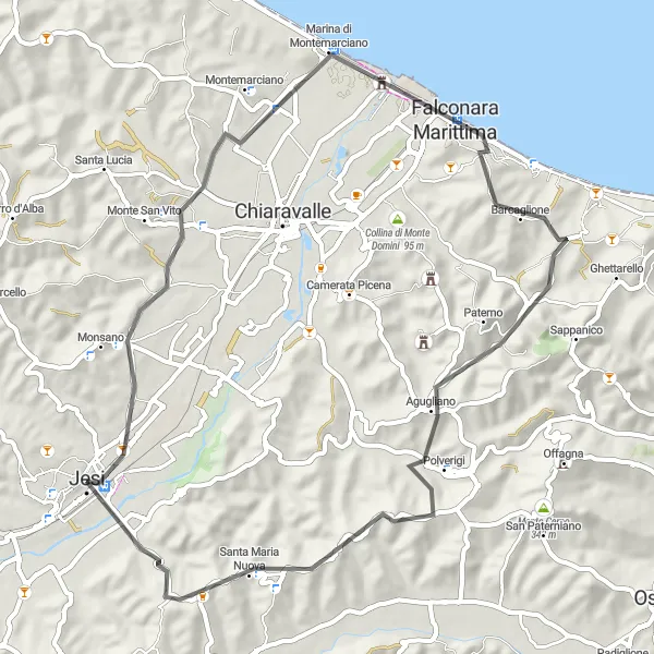 Map miniature of "Road Cycling Route: Jesi to Falconara Marittima" cycling inspiration in Marche, Italy. Generated by Tarmacs.app cycling route planner