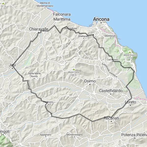 Miniatura della mappa di ispirazione al ciclismo "Giro in bicicletta da Jesi a Filottrano" nella regione di Marche, Italy. Generata da Tarmacs.app, pianificatore di rotte ciclistiche