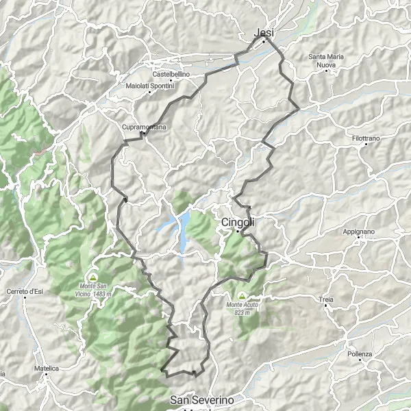 Miniatura della mappa di ispirazione al ciclismo "Giro in bicicletta da Jesi attraverso Cingoli e Cupramontana" nella regione di Marche, Italy. Generata da Tarmacs.app, pianificatore di rotte ciclistiche