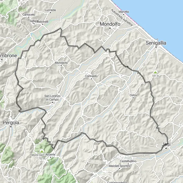 Miniatura della mappa di ispirazione al ciclismo "Giro in bicicletta da Jesi passando per Montecarotto e Loreto" nella regione di Marche, Italy. Generata da Tarmacs.app, pianificatore di rotte ciclistiche