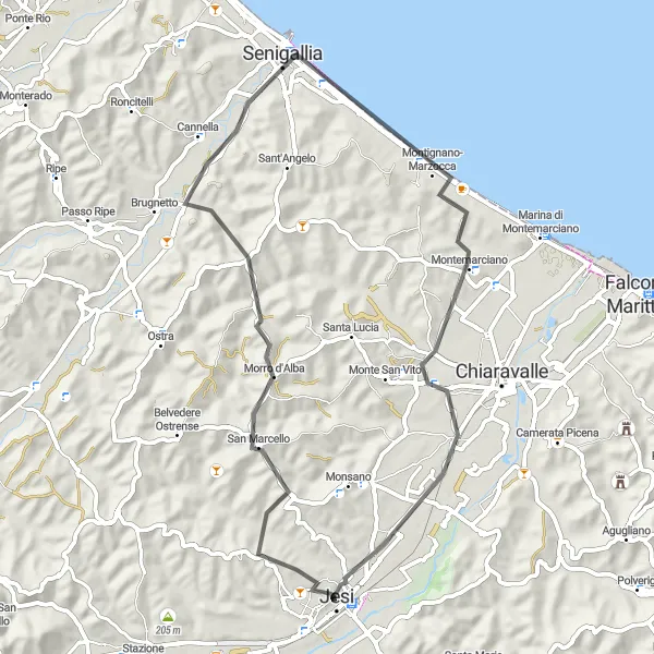 Miniatura della mappa di ispirazione al ciclismo "Road tra Jesi e Senigallia" nella regione di Marche, Italy. Generata da Tarmacs.app, pianificatore di rotte ciclistiche