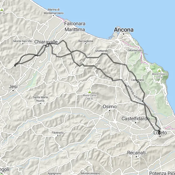 Miniatura della mappa di ispirazione al ciclismo "Giro in bici da Loreto attraverso Camerano, Candia e Monsano" nella regione di Marche, Italy. Generata da Tarmacs.app, pianificatore di rotte ciclistiche