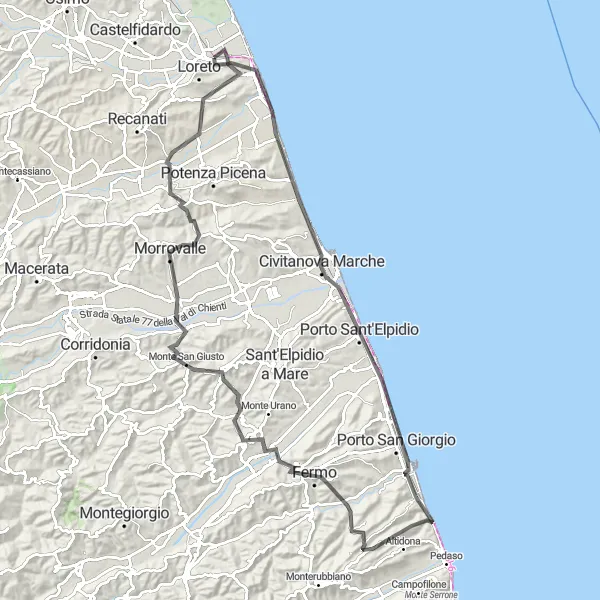 Miniatura della mappa di ispirazione al ciclismo "Giro panoramico da Loreto a Costabianca" nella regione di Marche, Italy. Generata da Tarmacs.app, pianificatore di rotte ciclistiche