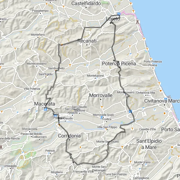 Miniatuurkaart van de fietsinspiratie "Wegroute naar Monte San Giusto" in Marche, Italy. Gemaakt door de Tarmacs.app fietsrouteplanner