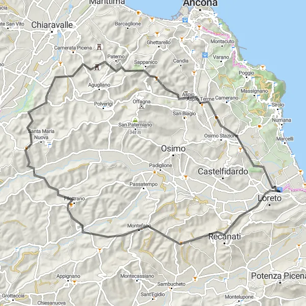 Miniatura della mappa di ispirazione al ciclismo "Itinerario cicloturistico tra Loreto e San Rocchetto" nella regione di Marche, Italy. Generata da Tarmacs.app, pianificatore di rotte ciclistiche