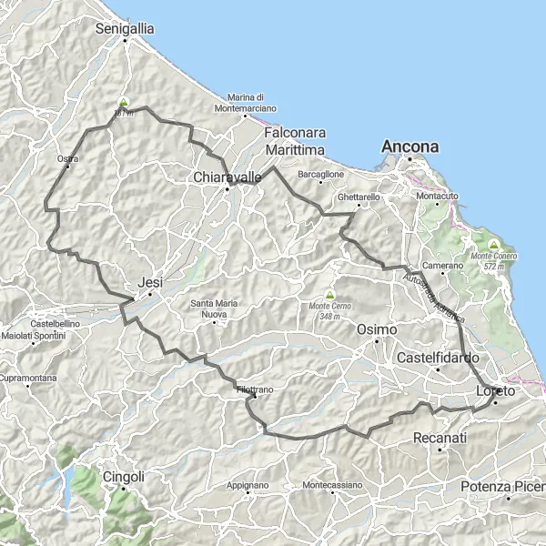 Map miniature of "The Montefano Loop" cycling inspiration in Marche, Italy. Generated by Tarmacs.app cycling route planner