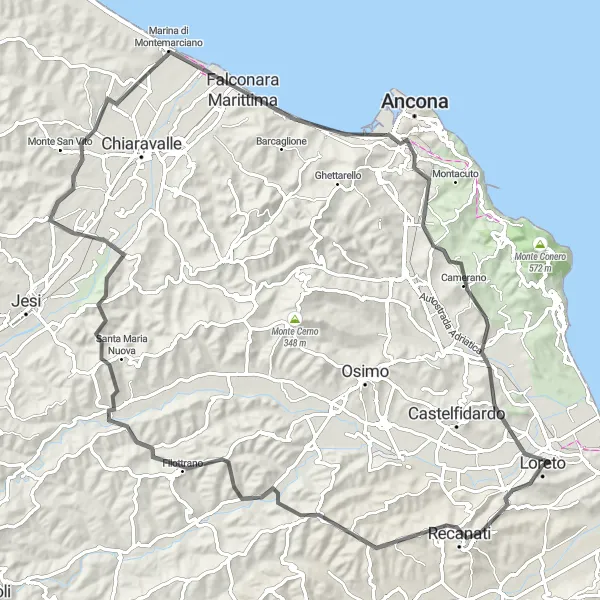 Miniatura della mappa di ispirazione al ciclismo "Giro di Loreto tra Montefano e Campanari" nella regione di Marche, Italy. Generata da Tarmacs.app, pianificatore di rotte ciclistiche