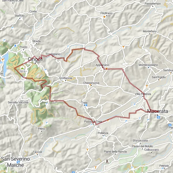 Miniature de la carte de l'inspiration cycliste "Boucle Macerata - Cingoli - Monte d'Aria" dans la Marche, Italy. Générée par le planificateur d'itinéraire cycliste Tarmacs.app