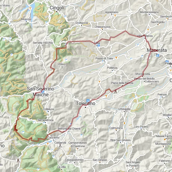 Miniature de la carte de l'inspiration cycliste "Parcours Macerata - Tolentino - Borgo San Giuliano" dans la Marche, Italy. Générée par le planificateur d'itinéraire cycliste Tarmacs.app