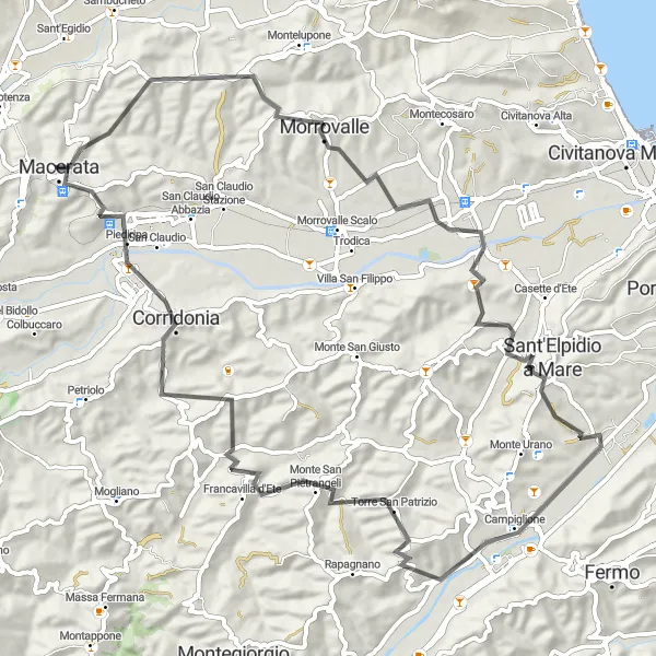 Map miniature of "Morrovalle Road Adventure" cycling inspiration in Marche, Italy. Generated by Tarmacs.app cycling route planner
