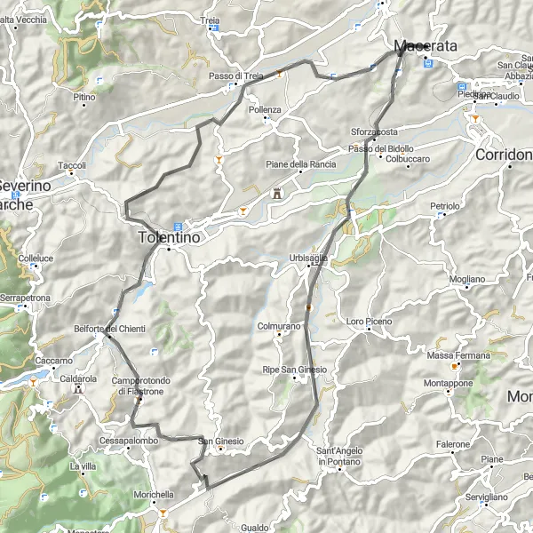 Miniatura mapy "Trasa wokół Maceraty przez Urbisaglię, Colfano, Tolentino i Sasso D'Italia" - trasy rowerowej w Marche, Italy. Wygenerowane przez planer tras rowerowych Tarmacs.app
