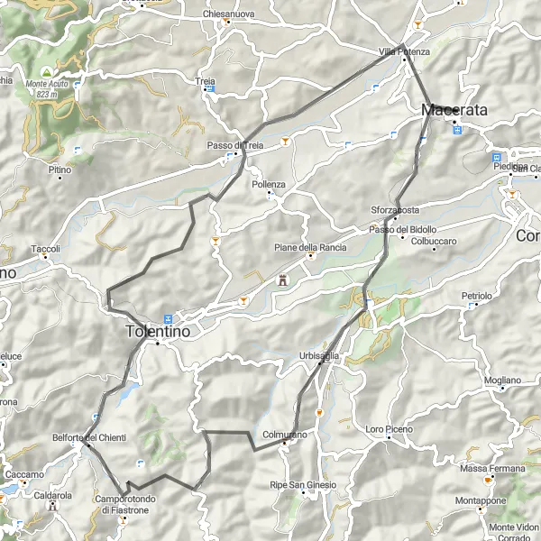 Karten-Miniaturansicht der Radinspiration "Hügelige Fahrt durch die malerische Landschaft von Macerata" in Marche, Italy. Erstellt vom Tarmacs.app-Routenplaner für Radtouren