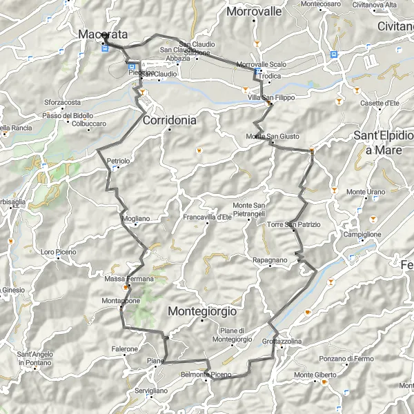 Karten-Miniaturansicht der Radinspiration "Hügeliges Hinterland von Macerata" in Marche, Italy. Erstellt vom Tarmacs.app-Routenplaner für Radtouren