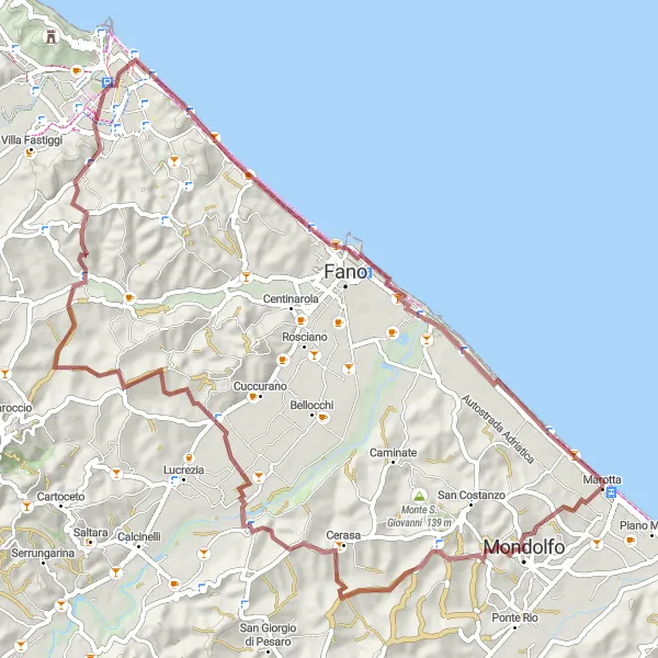 Map miniature of "Marotta to Bastione del Sangallo Gravel Cycling Route" cycling inspiration in Marche, Italy. Generated by Tarmacs.app cycling route planner