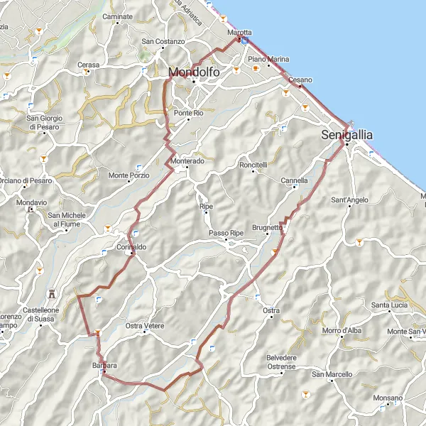 Map miniature of "Corinaldo Cruiser" cycling inspiration in Marche, Italy. Generated by Tarmacs.app cycling route planner