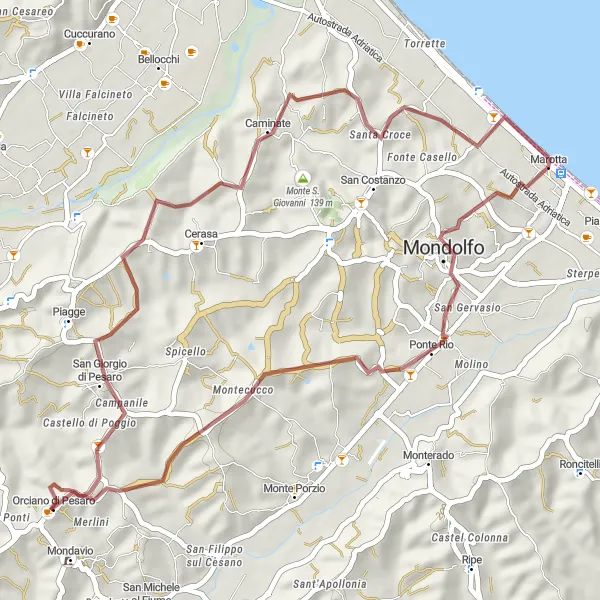 Miniatuurkaart van de fietsinspiratie "Grindpaden van Marotta naar Orciano di Pesaro" in Marche, Italy. Gemaakt door de Tarmacs.app fietsrouteplanner