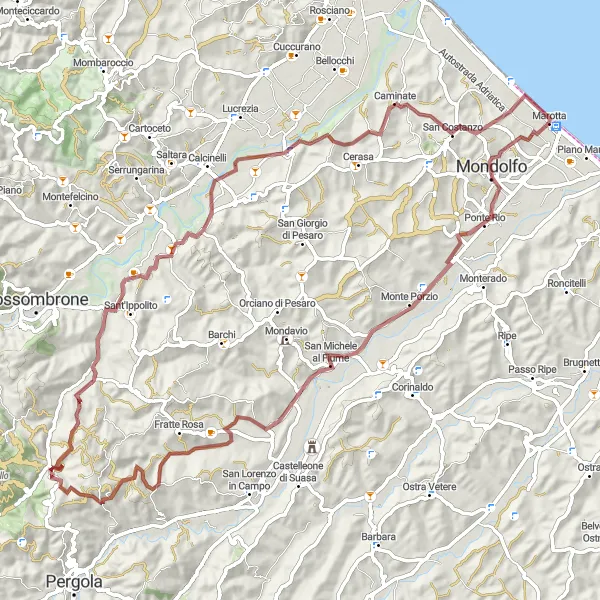 Map miniature of "Marotta to Monte S. Giovanni Gravel Cycling Route" cycling inspiration in Marche, Italy. Generated by Tarmacs.app cycling route planner