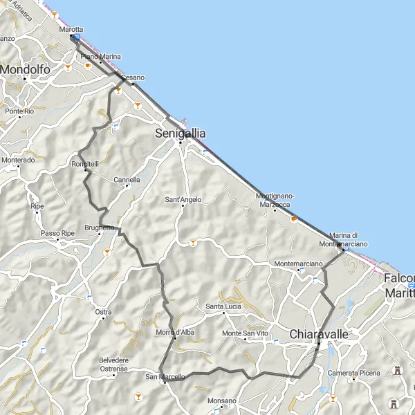 Miniatura della mappa di ispirazione al ciclismo "Tour delle Ville Storiche" nella regione di Marche, Italy. Generata da Tarmacs.app, pianificatore di rotte ciclistiche