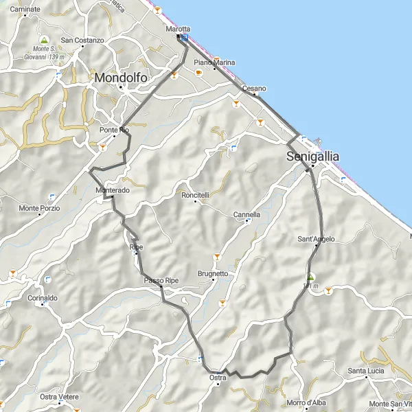 Miniatura della mappa di ispirazione al ciclismo "Ciclabile dei Passi" nella regione di Marche, Italy. Generata da Tarmacs.app, pianificatore di rotte ciclistiche