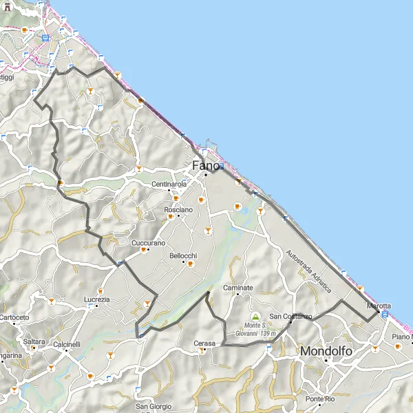 Miniature de la carte de l'inspiration cycliste "Route de la Mer Adriatique" dans la Marche, Italy. Générée par le planificateur d'itinéraire cycliste Tarmacs.app