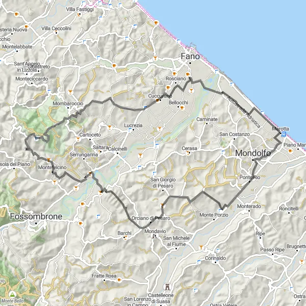 Miniatura della mappa di ispirazione al ciclismo "Tour Stradale tra Mondolfo e Marotta" nella regione di Marche, Italy. Generata da Tarmacs.app, pianificatore di rotte ciclistiche