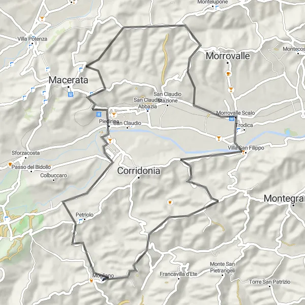 Miniatuurkaart van de fietsinspiratie "Pittoreske Road Cycling Route via Petriolo en Villa San Filippo" in Marche, Italy. Gemaakt door de Tarmacs.app fietsrouteplanner