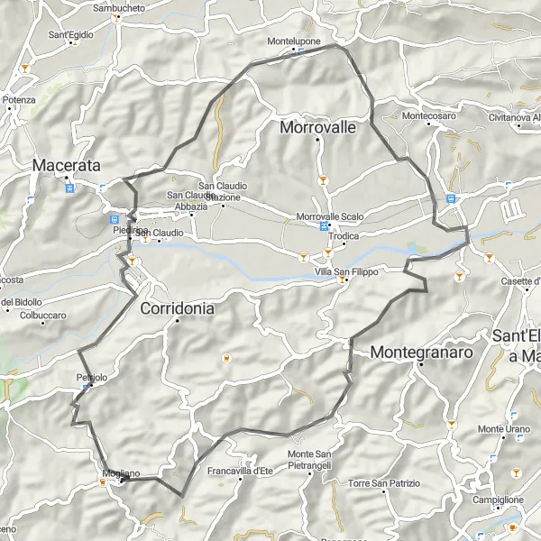 Miniatura della mappa di ispirazione al ciclismo "Montelupone Loop" nella regione di Marche, Italy. Generata da Tarmacs.app, pianificatore di rotte ciclistiche