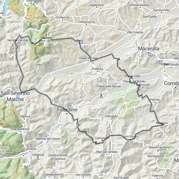 Map miniature of "Mogliano Loop" cycling inspiration in Marche, Italy. Generated by Tarmacs.app cycling route planner