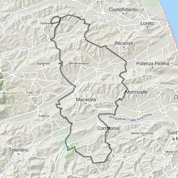 Miniatuurkaart van de fietsinspiratie "Avontuurlijke Road Cycling Route naar Corridonia en Montenovo" in Marche, Italy. Gemaakt door de Tarmacs.app fietsrouteplanner