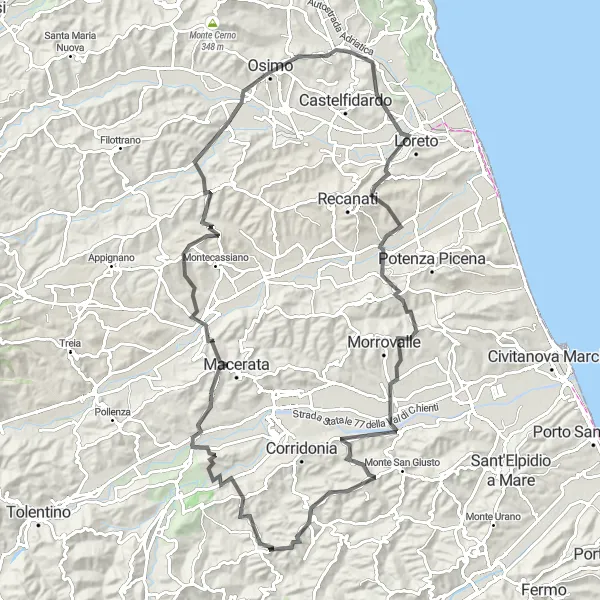 Karten-Miniaturansicht der Radinspiration "Rundfahrt von Mogliano nach Petriolo und zurück" in Marche, Italy. Erstellt vom Tarmacs.app-Routenplaner für Radtouren