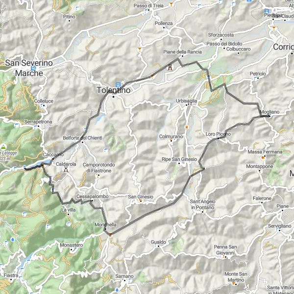 Karten-Miniaturansicht der Radinspiration "Rundtour durch Loro Piceno und Belforte del Chienti" in Marche, Italy. Erstellt vom Tarmacs.app-Routenplaner für Radtouren