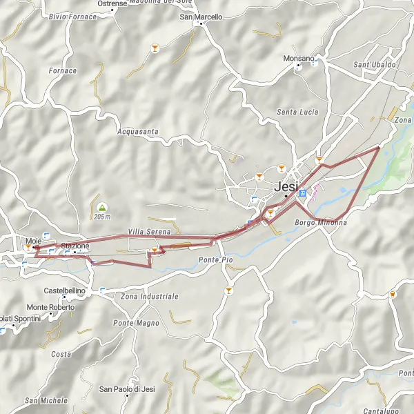 Miniature de la carte de l'inspiration cycliste "Circuit des collines de Jesi" dans la Marche, Italy. Générée par le planificateur d'itinéraire cycliste Tarmacs.app