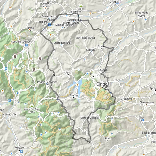 Map miniature of "Vallesina Adventure" cycling inspiration in Marche, Italy. Generated by Tarmacs.app cycling route planner