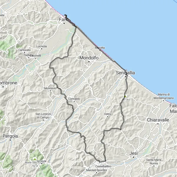 Miniatura della mappa di ispirazione al ciclismo "Giro Moie - Barbara - Piagge - Bastione del Sangallo" nella regione di Marche, Italy. Generata da Tarmacs.app, pianificatore di rotte ciclistiche