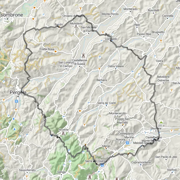 Miniature de la carte de l'inspiration cycliste "Aventure dans les Monts des Marches" dans la Marche, Italy. Générée par le planificateur d'itinéraire cycliste Tarmacs.app