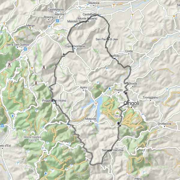 Map miniature of "Jesi Hills Circuit" cycling inspiration in Marche, Italy. Generated by Tarmacs.app cycling route planner