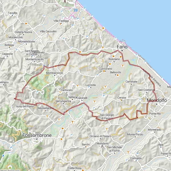 Miniatura della mappa di ispirazione al ciclismo "Avventura tra terra e mare" nella regione di Marche, Italy. Generata da Tarmacs.app, pianificatore di rotte ciclistiche