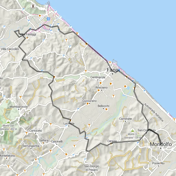 Miniatura della mappa di ispirazione al ciclismo "Tour in Bicicletta tra Marche e Romagna" nella regione di Marche, Italy. Generata da Tarmacs.app, pianificatore di rotte ciclistiche