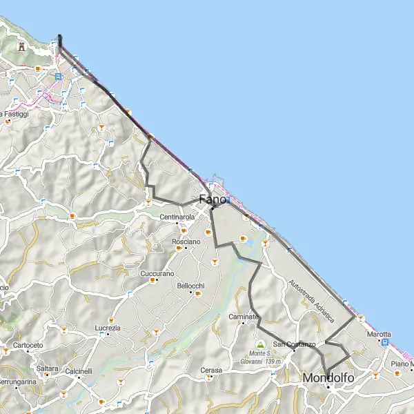 Miniatuurkaart van de fietsinspiratie "Kustroute vanuit Mondolfo (weg)" in Marche, Italy. Gemaakt door de Tarmacs.app fietsrouteplanner