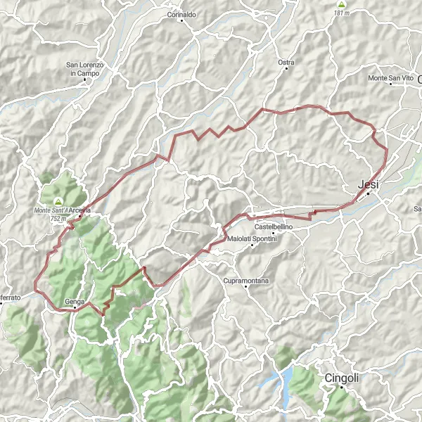 Miniatura della mappa di ispirazione al ciclismo "Giro in Gravel attraverso le colline della regione Marche" nella regione di Marche, Italy. Generata da Tarmacs.app, pianificatore di rotte ciclistiche