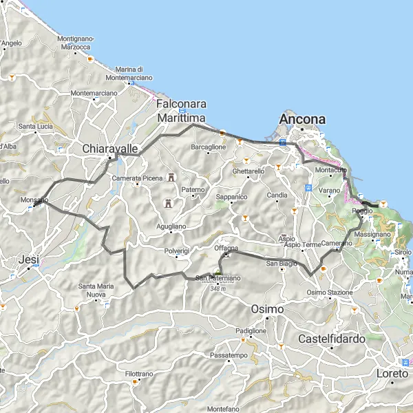 Map miniature of "The Coastal Explorer" cycling inspiration in Marche, Italy. Generated by Tarmacs.app cycling route planner