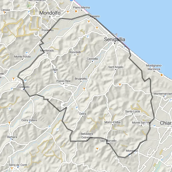 Miniatura della mappa di ispirazione al ciclismo "Tour in Bicicletta su Strada tra Monsano e Senigallia" nella regione di Marche, Italy. Generata da Tarmacs.app, pianificatore di rotte ciclistiche