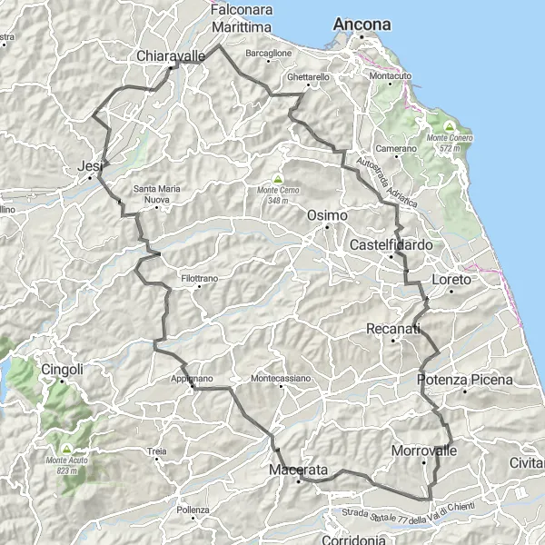 Miniatura della mappa di ispirazione al ciclismo "Corsa Panoramica tra Chiaravalle e Appignano" nella regione di Marche, Italy. Generata da Tarmacs.app, pianificatore di rotte ciclistiche