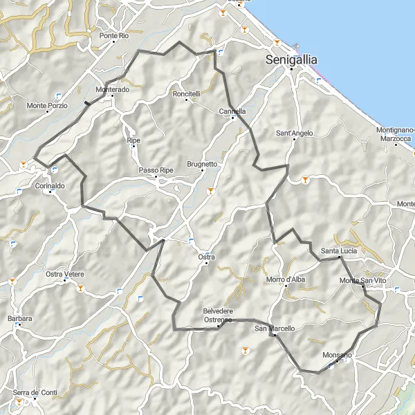 Miniatura della mappa di ispirazione al ciclismo "Giro in Bicicletta su Strada tra Monsano e Monte San Vito" nella regione di Marche, Italy. Generata da Tarmacs.app, pianificatore di rotte ciclistiche