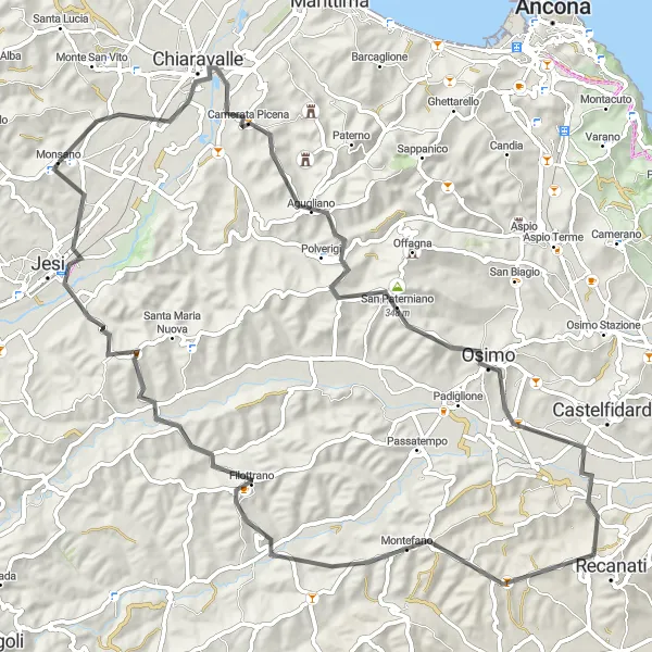 Miniature de la carte de l'inspiration cycliste "Circuit des collines majestueuses à partir de Monsano" dans la Marche, Italy. Générée par le planificateur d'itinéraire cycliste Tarmacs.app