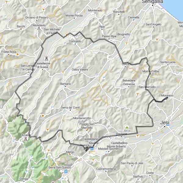 Miniature de la carte de l'inspiration cycliste "Défi montagneux à travers les villages des Marches" dans la Marche, Italy. Générée par le planificateur d'itinéraire cycliste Tarmacs.app