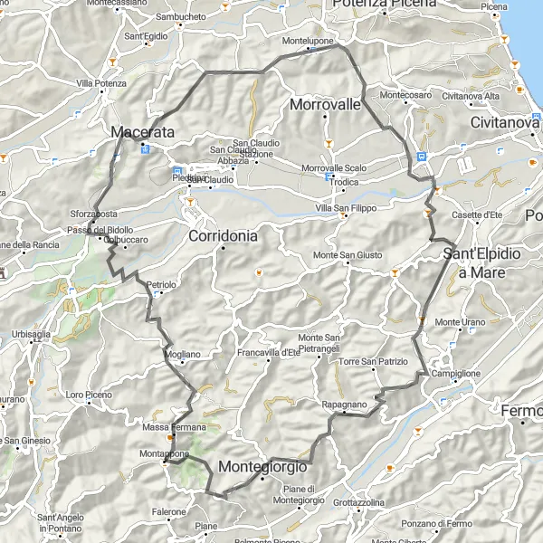 Karten-Miniaturansicht der Radinspiration "Herausfordernde Anstiege und historische Städte" in Marche, Italy. Erstellt vom Tarmacs.app-Routenplaner für Radtouren